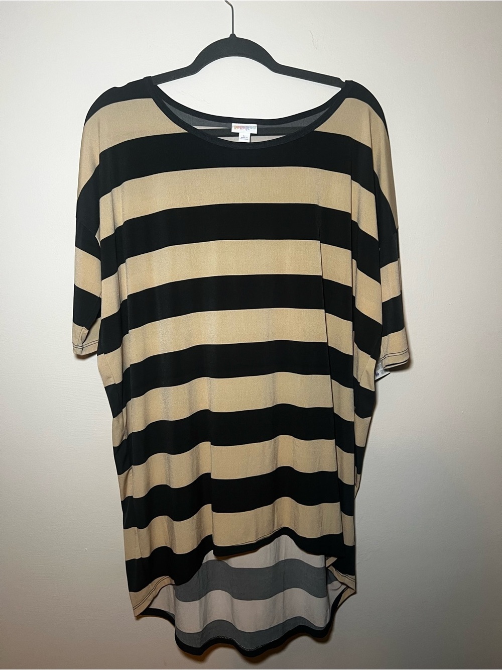 LuLaRoe Irma Black and Tan Striped Drop-Shoulder Tunic